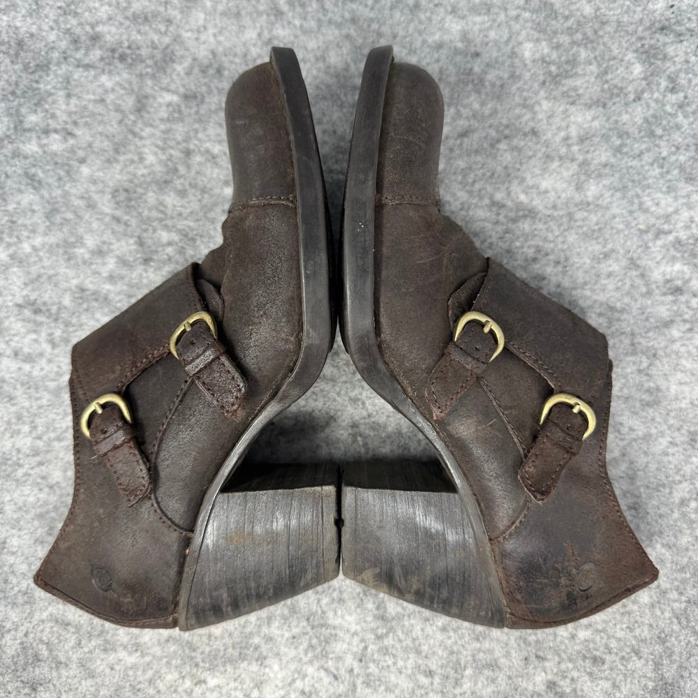 Born Leather Heeled Ankle Boots Womens Size 7.5M Monk Buckle Brown Block Pilgrim - Picture 2 of 12